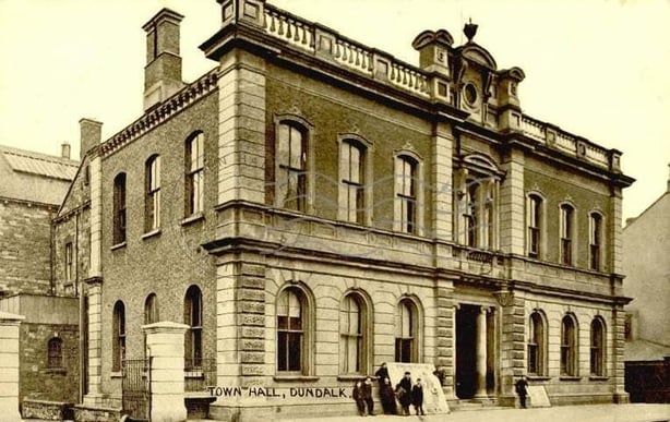 The Town Hall in Dundalk where the celebration ceilidh for Mr. Aiken was being held Photo: Linen Hall Library Postcard Collection