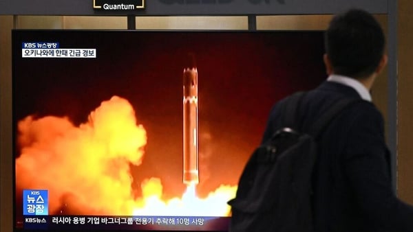 A news broadcast with file footage of a North Korean missile test, at a railway station in Seoul, South Korea