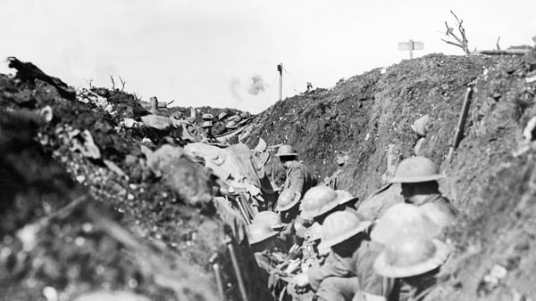 Shrapnel bursting over troops sheltering in a reserve trench during the The Battle of Flers Courcelette in September 1916 Photo: Daily Mirror/Mirrorpix via Getty Images