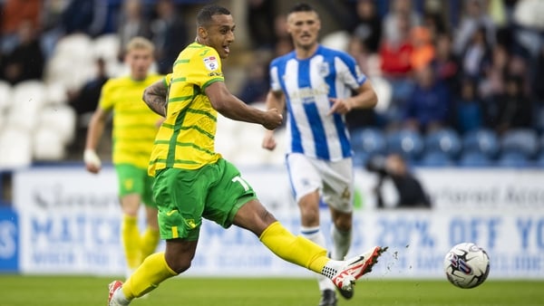 Adam Idah scoring Norwich's fourth in their win over Huddersfield