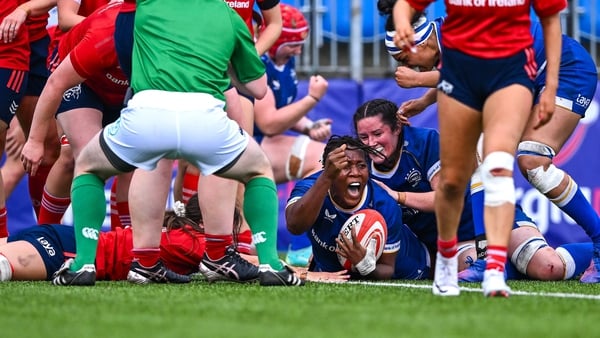 Linda Djougang of Leinster celebrates after scoring her side's third try