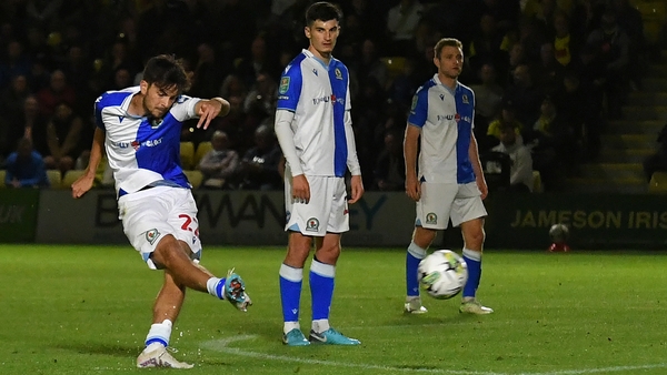 Zak Gilsenan, who could be named in the Ireland U21 squad on Thursday, scores for Blackburn against Harrogate Town