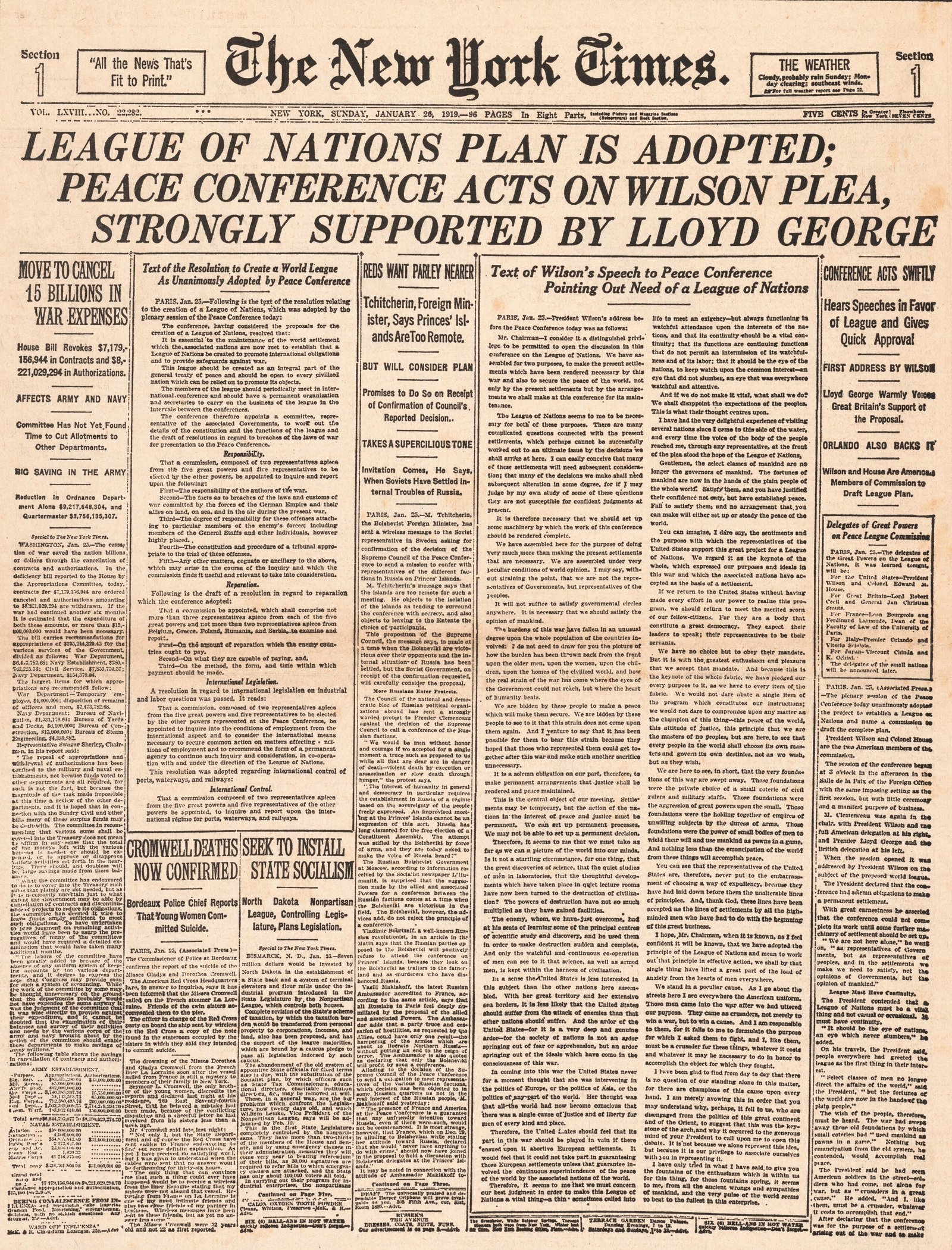 Image - The New York Times front page announces the creation of the League of Nations, January 1919 (Credit: Alamy Images)