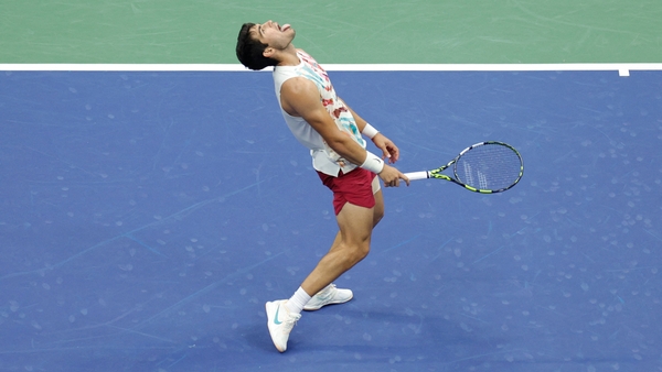 Carlos Alcaraz reacts after victory over Italy's Matteo Arnaldi