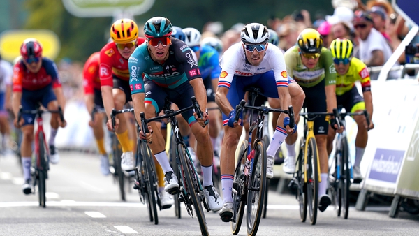 Danny Van Poppel of team Bora-hansgrohe (blue and black jersey) wins stage six of the 2023 Tour of Britain