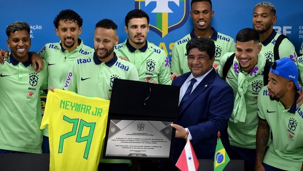 Neymar receives a presentation tribute from the Brazilian FA after becoming the record holder