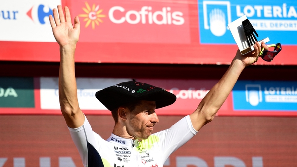Portuguese rider Rui Costa celebrates on the podium