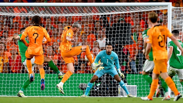Wout Weghorst scores the Netherlands' second goal at the Aviva Stadium