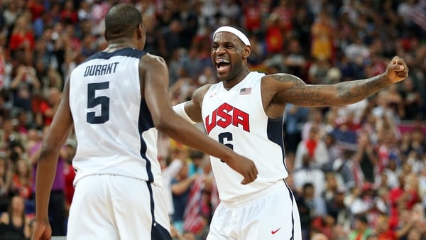 LeBron James (R) and Kevin Durant celebrate beating Spain in the 2012 Olympic final