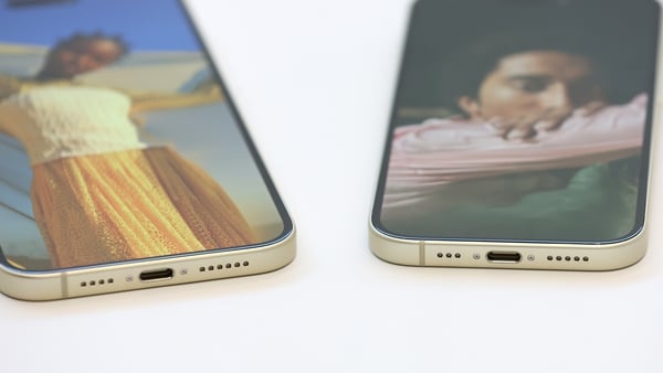 A USB-C port is visible on the brand new Apple iPhone 15 during an Apple event in Cupertino, California. Photo: Justin Sullivan/Getty Images