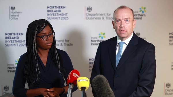 UK Secretary of State for Business and Trade Kemi Badenoch and Northern Ireland Secretary Chris Heaton-Harris speak to the media ahead of the conference