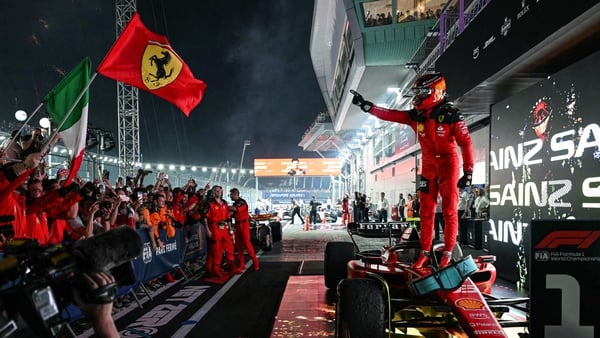 Ferrari's Carlos Sainz his victory at the Marina Bay Street Circuit in Singapore