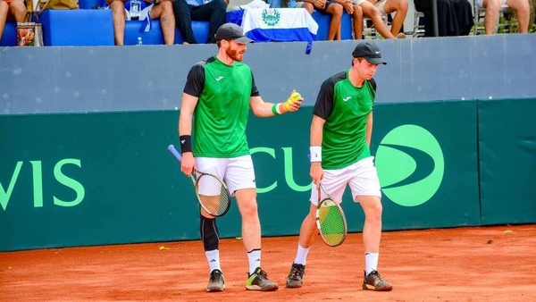 David O'Hare and Conor Gannon in action during the doubles victory (photo Tennis Ireland)