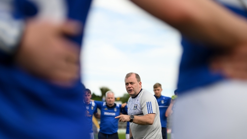 Mickey Graham addresses Cavan players during this year's Tailteann Cup