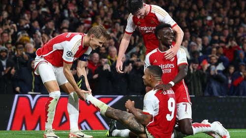 Gabriel Jesus celebrates scoring Arsenal's third goal with his team-mates