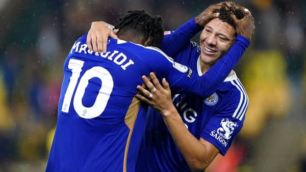 Leicester City's Stephy Mavididi congratulates Kasey McAteer