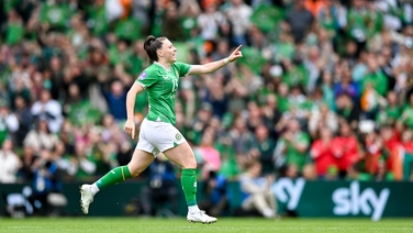 Lucy Quinn celebrates scoring the first-ever goal for the Ireland women's team at the Aviva Stadium