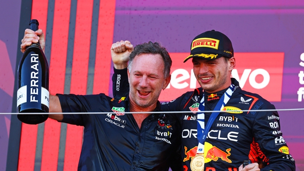 Max Verstappen celebrates with Red Bull Racing Team Principal Christian Horner