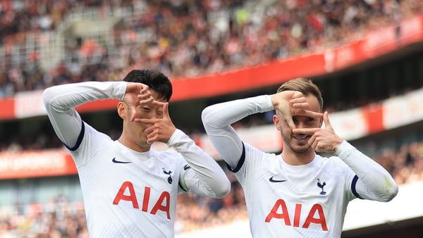 Son Heung-min celebrates his second goal with James Maddison