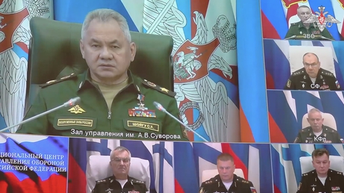 Viktor Sokolov was shown as one of several fleet commanders on video apparently joining an in-person meeting of Defence Minister Sergei Shoigu (Photo credit: Russian Defence Ministry)