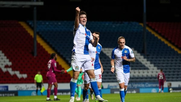 Andrew Moran celebrates finding the net for Blackburn Rovers in the Carabao Cup
