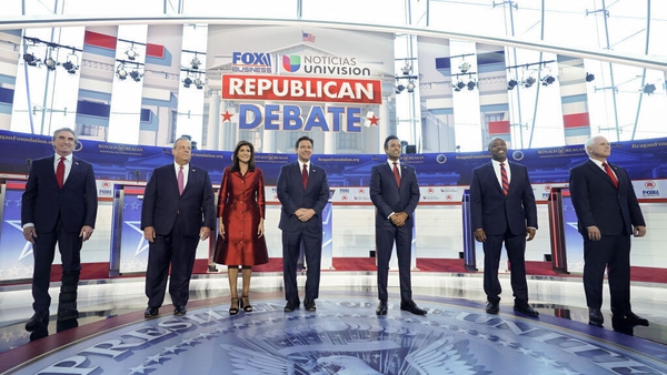 The candidates pictured at the start of the debate in California