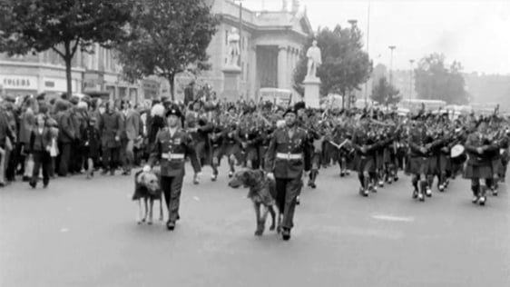 Musicians from the Army's Brass and Pipe Bands parade through O'Connell Street in Dublin, 1973.