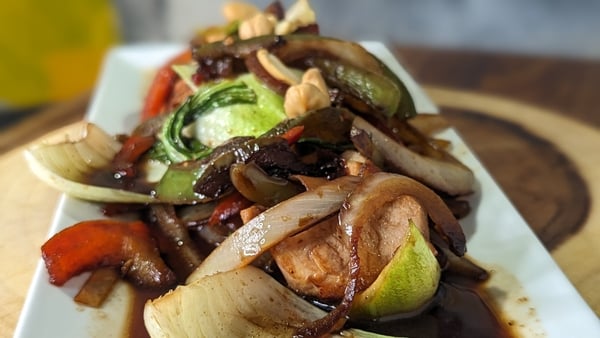 Paul's chicken stir fry pak choi with sweet potato, ginger and cashew nuts