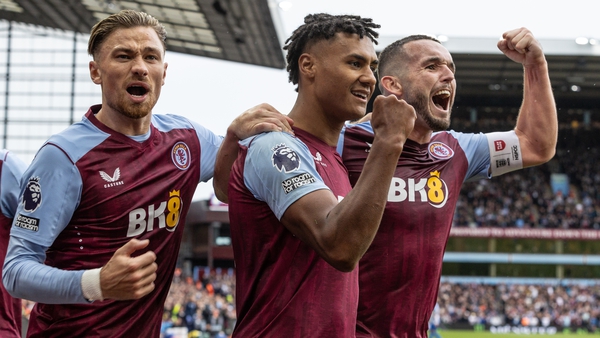 Ollie Watkins (centre) celebrates scoring Villa's fourth goal of the afternoon