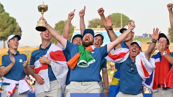 Shane Lowry holds aloft the Ryder Cup in Rome
