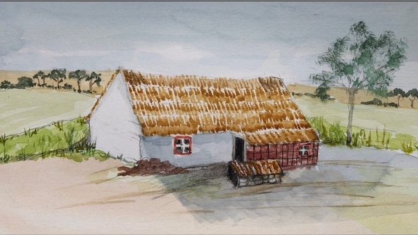 A conjectural drawing of excavated dwelling on Baker's Flat. Artist: Viv Szekeres