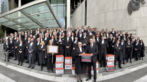 Barristers protesting outside the Criminal Courts of Justice this morning