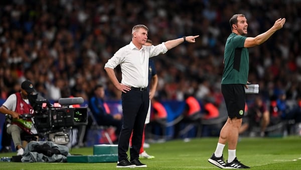 John O'Shea (R) on the sideline with Republic of Ireland manager Stephen Kenny