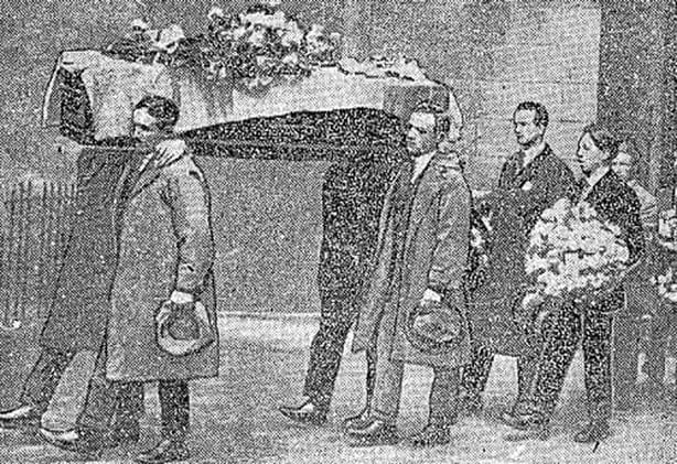The coffin, covered with the tricolour and bearing the remains of Noel Lemass being removed from St. Kevin's Chapel Pro-Cathedral yesterday Photo: Irish Independent, 16 October 1923
