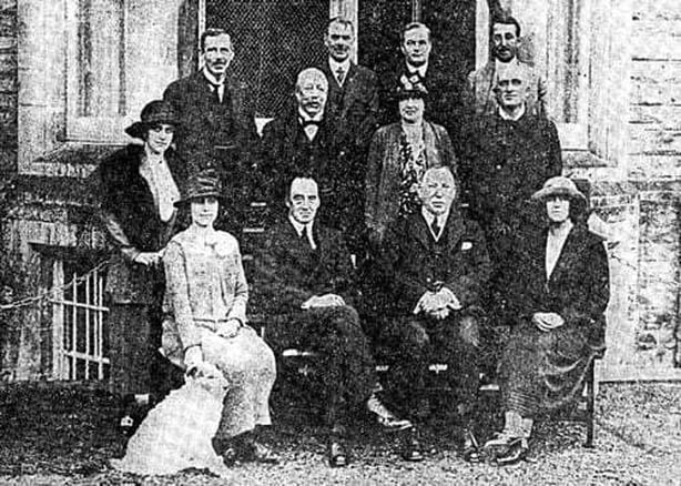 Ulster House Party at Stormont Castle; Front row - Lady Craig, Lord Carson, Sir James Craig, Lady Carson Photo: Belfast Newsletter, 17 October 1923