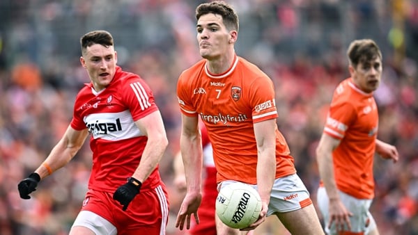 Jarly Óg Burns in possession against Derry in the 2023 Ulster SFC final