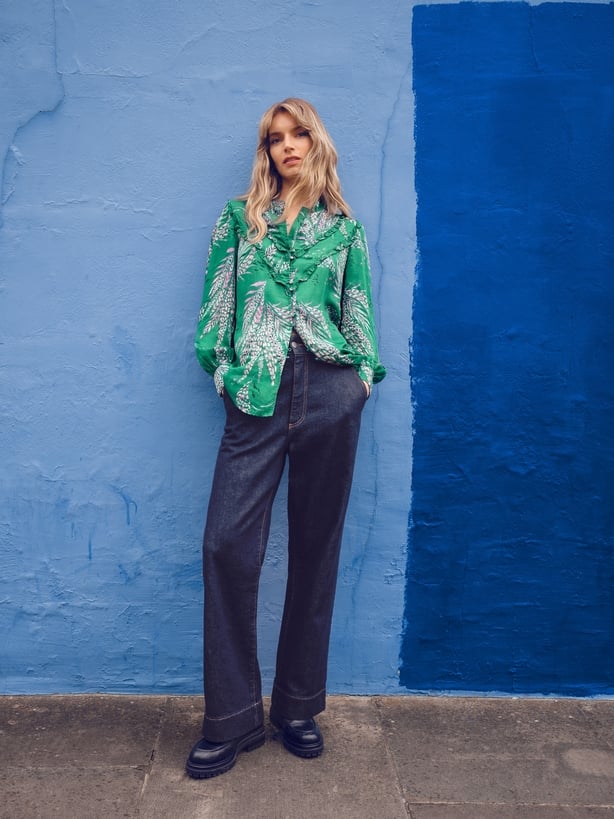 Monsoon Lucille Print Blouse Green; Lara Wide Leg Jean Blue