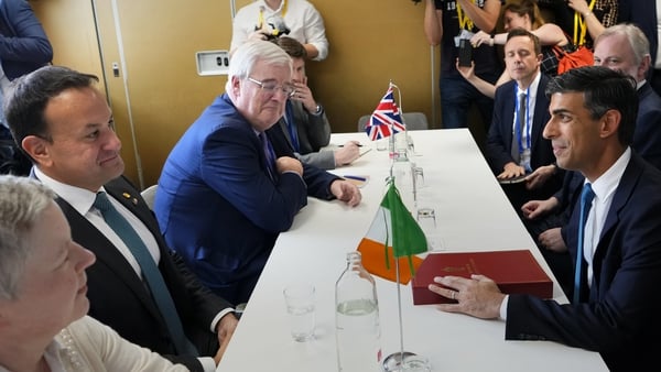 Leo Varadkar speaking with Rishi Sunak during the bilateral meeting today