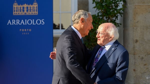 President Michael D Higgins is greeted by President Marcelo Rebelo de Sousa of Portugal