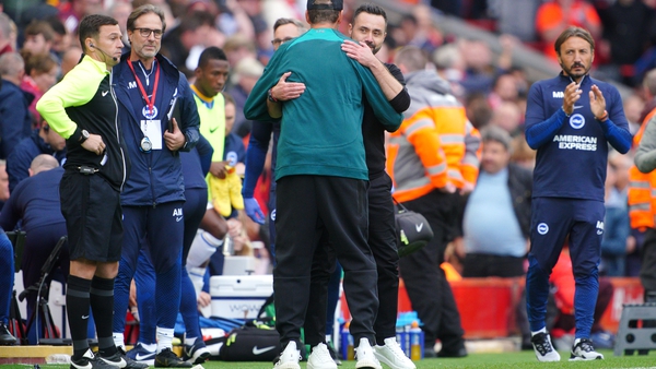 Liverpool boss Jurgen Klopp greets Brighton and Hove Albion manager Roberto De Zerbi following their sides' game at Anfield last year