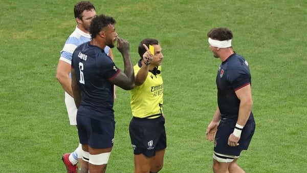 Tom Curry is shown a yellow card against Argentina, which was upgraded to red after World Rugby's bunker review system