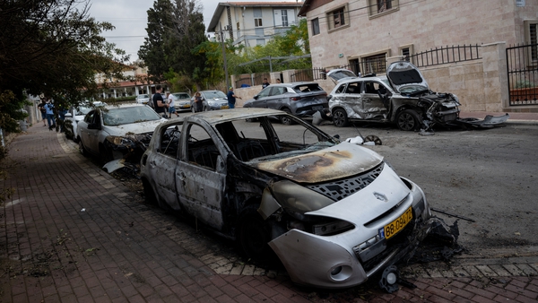 Destroyed cars in Ashkelon, Israel after the area was hit by a rocket