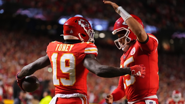 Kadarius Toney and Patrick Mahomes celebrate after the pair connect for a touchdown