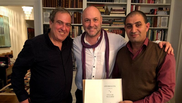 Colum McCann (centre) with Rami Elhanan, an Israeli and Palestinian Bassam Aramin who were subjects in his 2020 book Apeirogon.