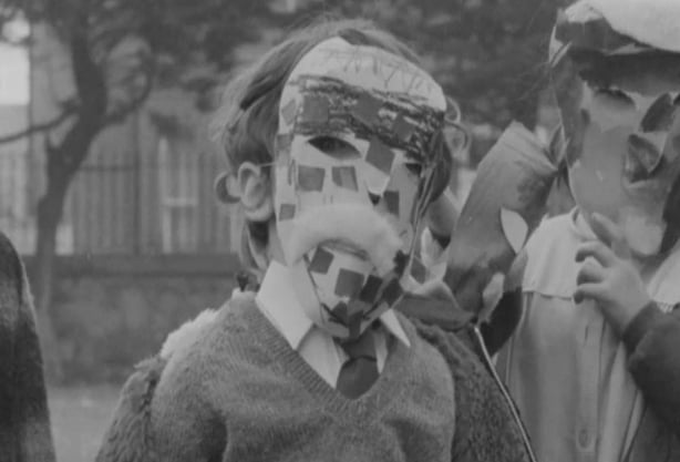 Children in homemade Halloween masks, 1973