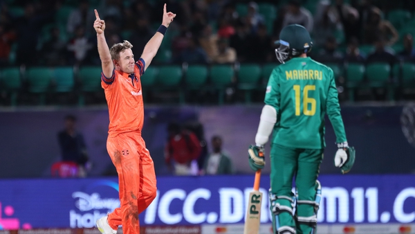 Logan Van Beek celebrates the wicket of Keshav Maharaj of South Africa