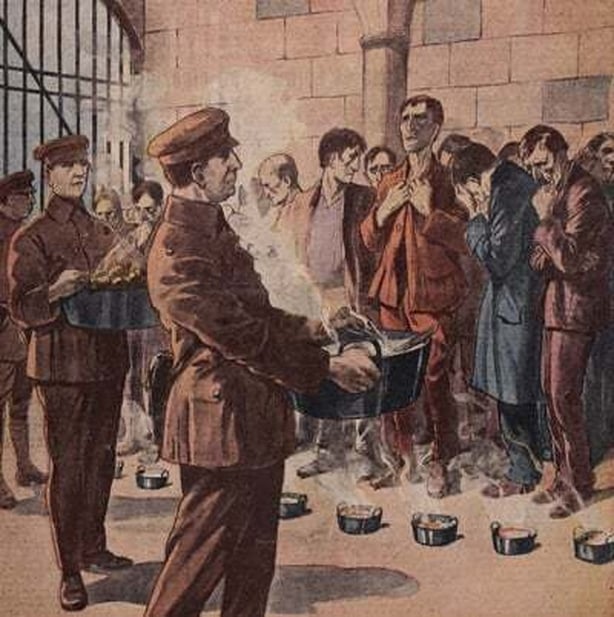 Front cover illustration of 'Le Petit Journal illustre', depicting hunger strikers in Mountjoy Jail refusing food from prison officers. Photo: Le Petit Journal illustré, 28 October 1923
