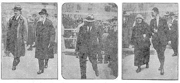 Snapshots of Delegates to the Sinn Féin in Dublin arriving at the Mansion House: - (Left to right) (1) Count Plunkett (right) with a friend; (2- centre) Mr. Dan Breen, T.D., who was recently released from prison; and (3) Mrs. Sheehy-Skeffington accompanied by Mr. O h-Uadhaigh, solicitor.
