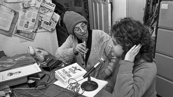 Margaretta D'Arcy broadcasting on Radio Pirate Woman from her home in St Bridget s Terrace Lower in November 1991 Photo: courtesy of Stan Shields City Tribune
