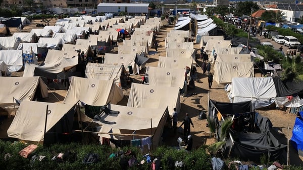 Tents for Palestinians seeking refuge are set up on the grounds of a United Nations relief centre in Khan Yunis, southern Gaza